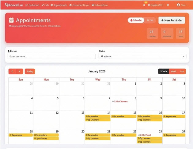 Appointments calendar managed by AI or caregiver